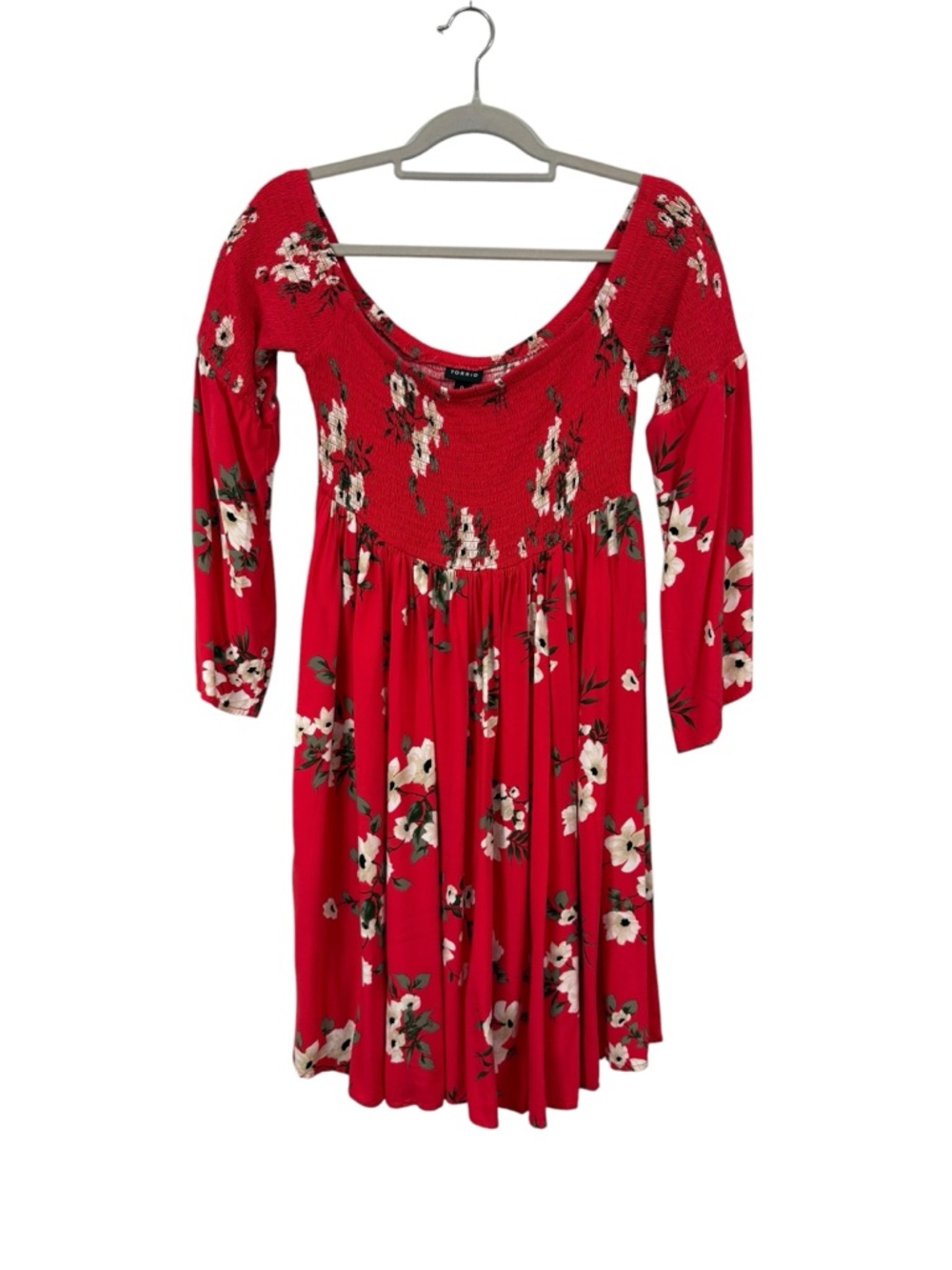 Torrid 0 Women's Smocked Challis Skater Dress Orange Floral Lined Off Shoulder